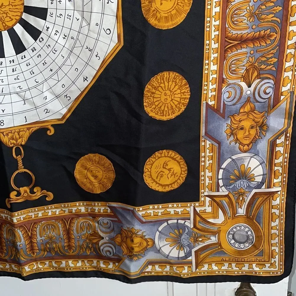 Vtg Alfred Sung black, gold, gray & white silk sun‎ astrology large square scarf